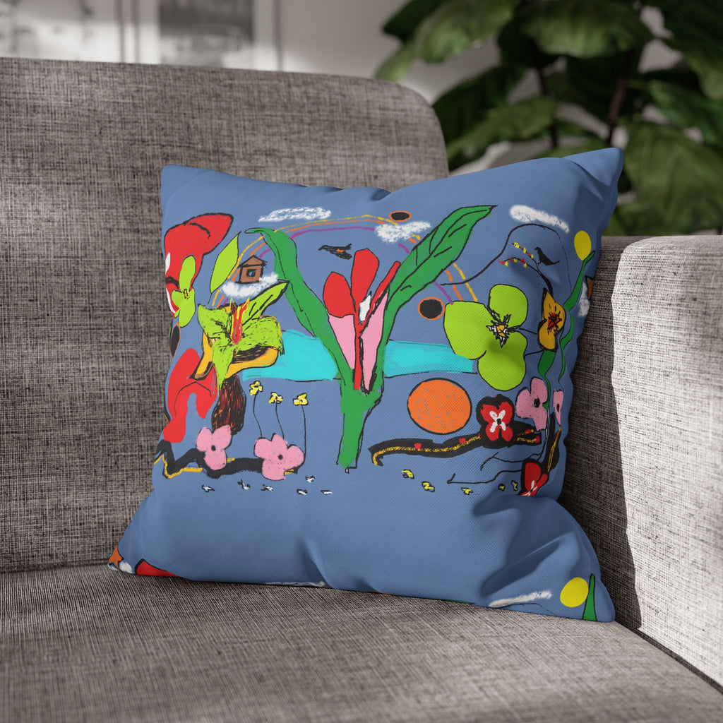 Botanical Bloom Decorative Pillowcase — Blue Floral Canvas Square Pillow