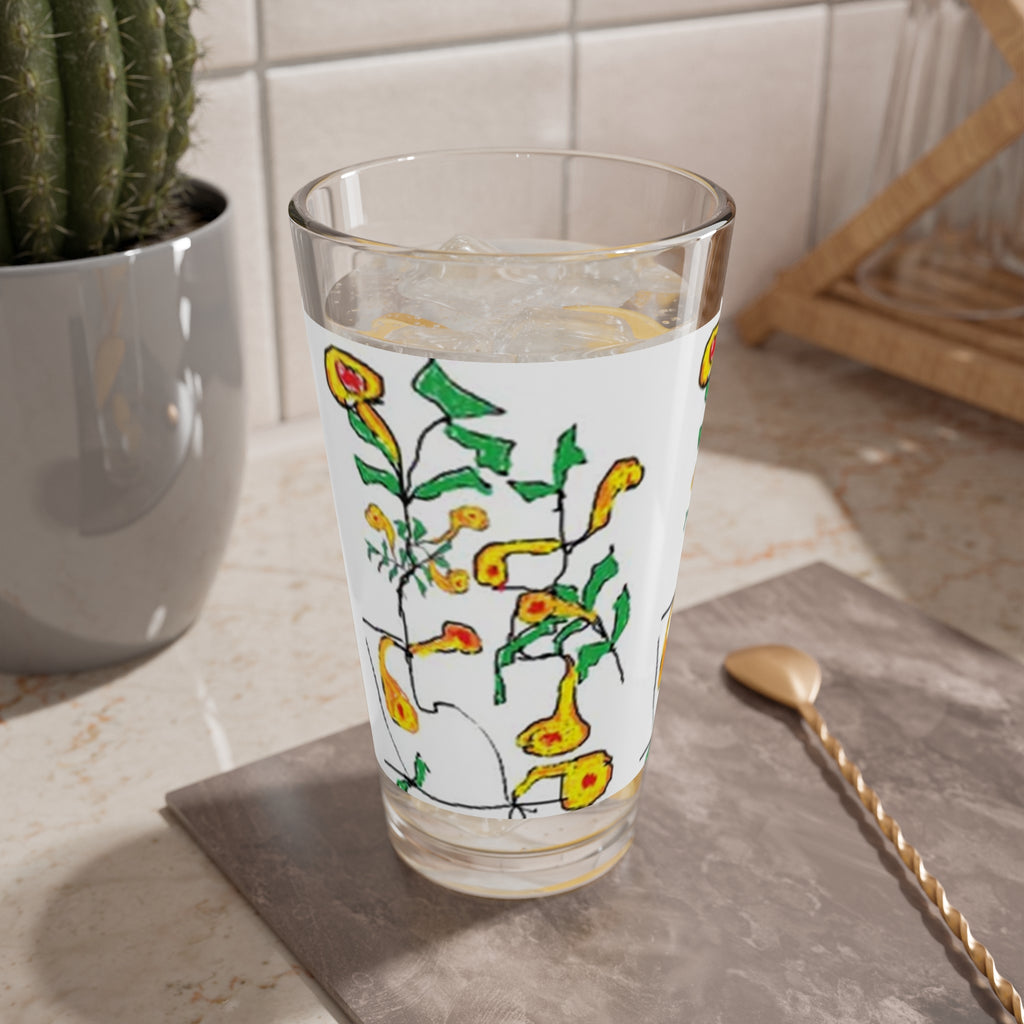 16oz Floral Mixing Glass – Hand-Drawn Yellow Wildflower Cocktail Glass