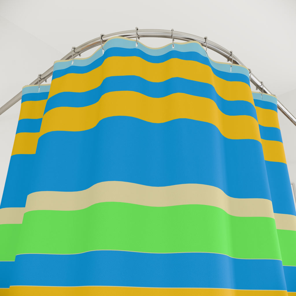 Striped Coastal Shower Curtain — Blue, Yellow & Green Beach Vibe