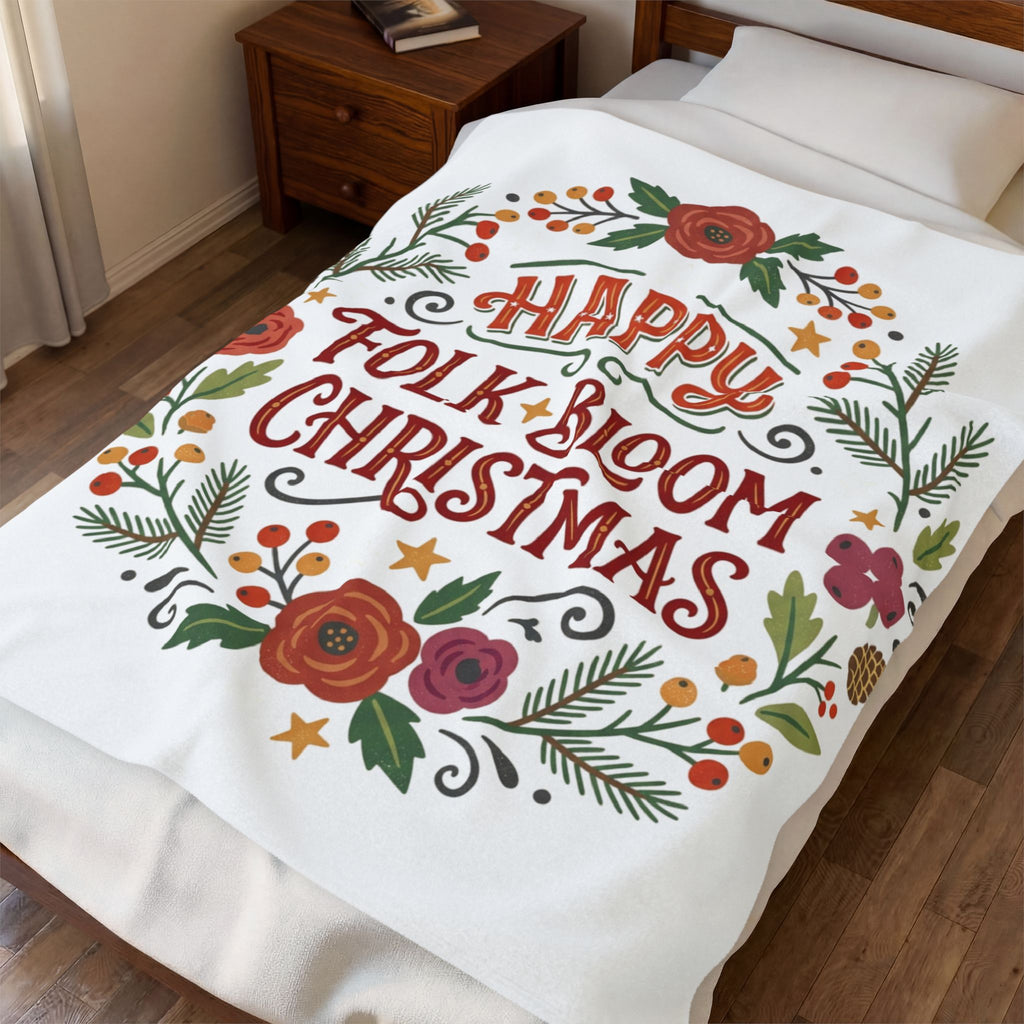 Christmas Velveteen Plush Blanket — "Happy Folk Bloom Christmas" Floral Holiday Throw