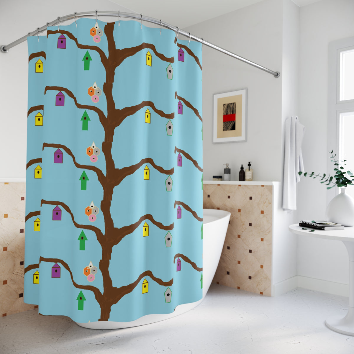 Birdhouse Tree Shower Curtain — Whimsical Blue Bathroom Decor