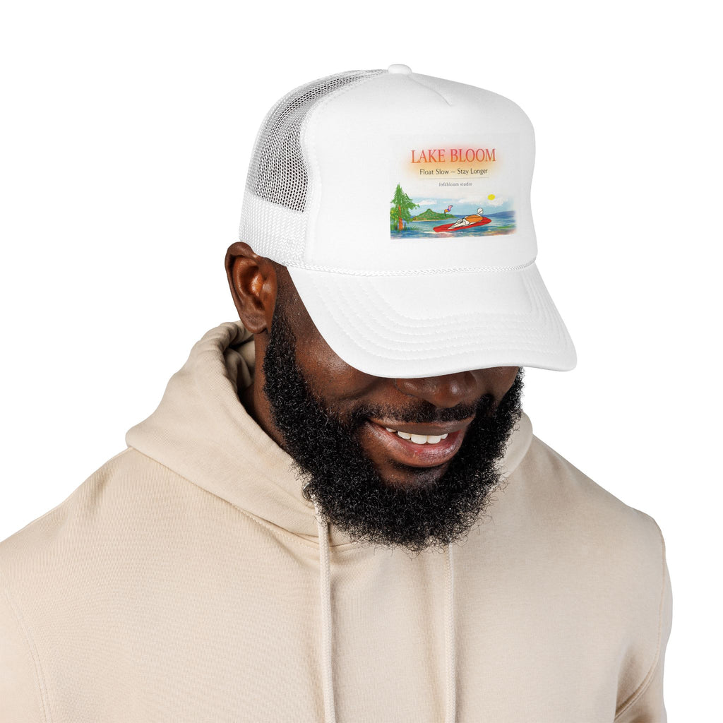Lake Bloom Trucker Hat – Retro Lake Scene Foam Cap (Boat & Sunset)