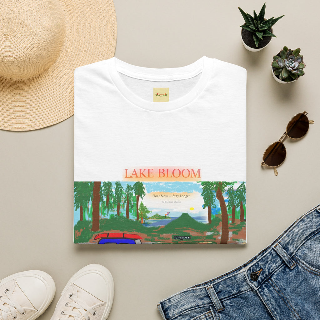 Lake Bloom Scenic T-Shirt — Vintage Camper Van Lake Sunset Design