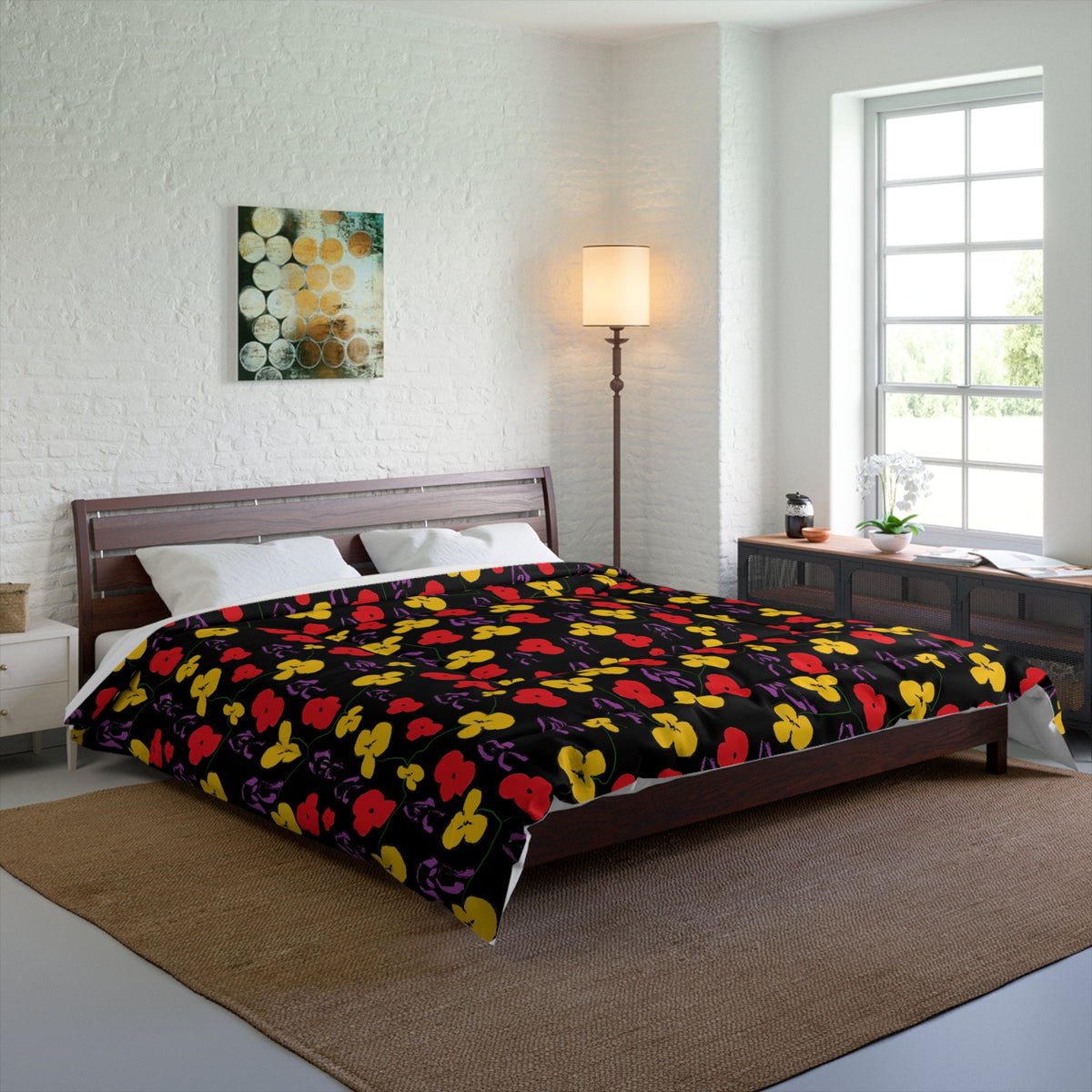 Floral Poppy Comforter – Bold Red & Yellow Flowers on Black Bedding