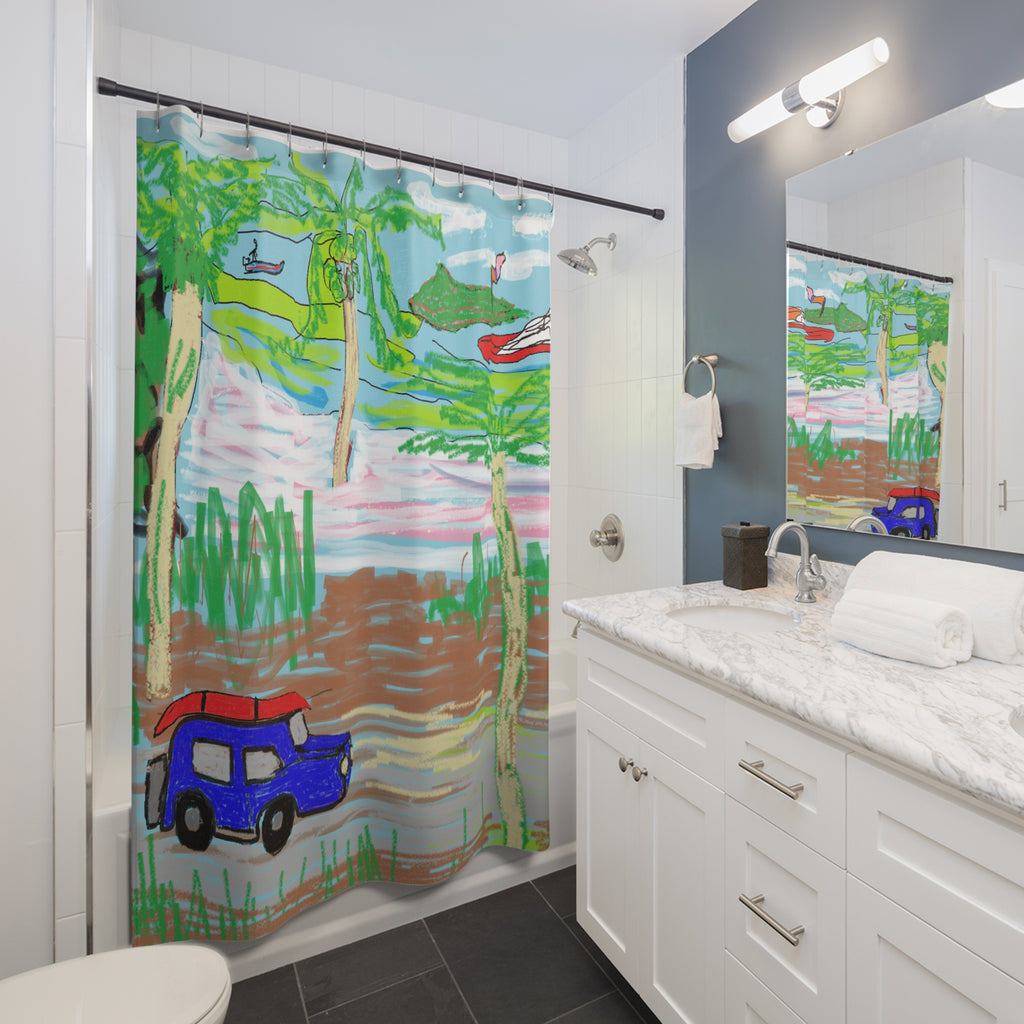 Coastal Road Trip Shower Curtain — Hand-Drawn Beach, Kayak & SUV Bathroom Decor