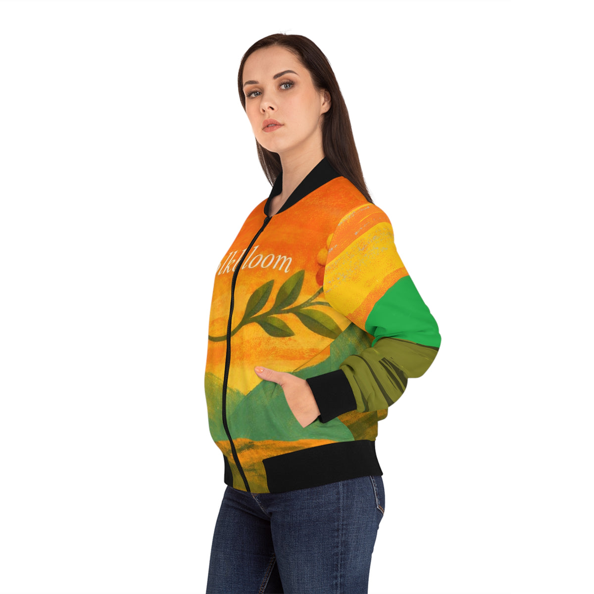 Folkbloom Floral Sunrise bomber jacket | landscape art, botanical motif