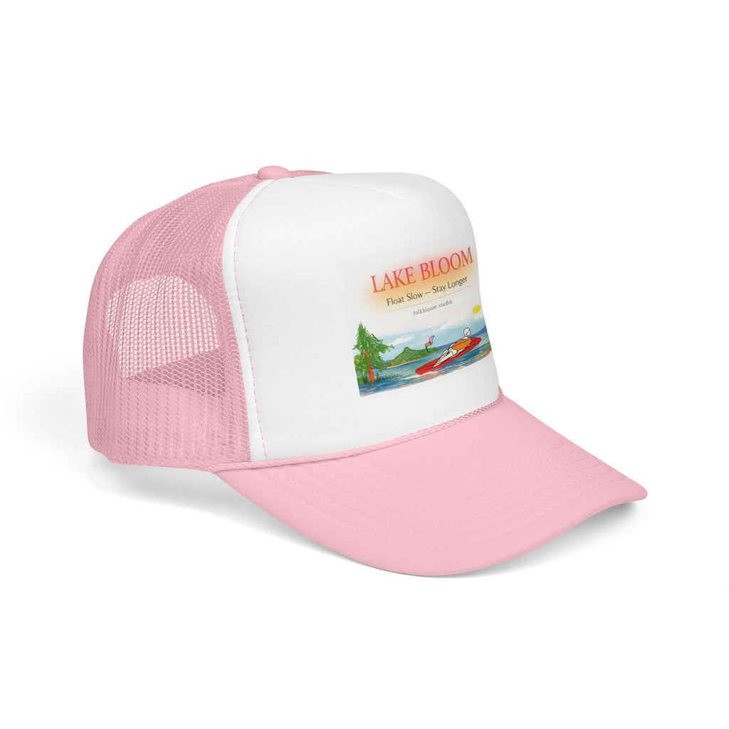 Lake Bloom Trucker Hat – Retro Lake Scene Foam Cap (Boat & Sunset)