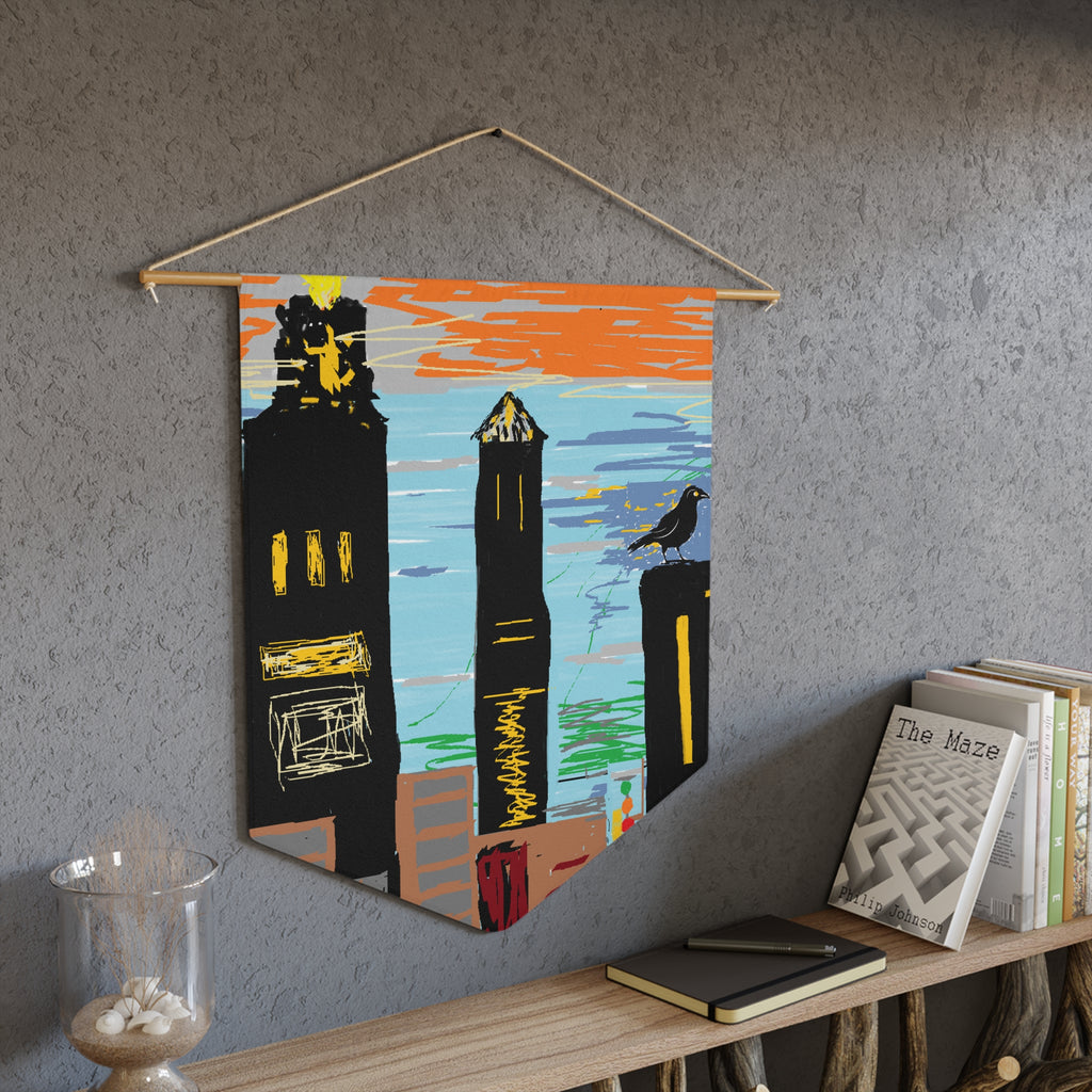 City Skyline Pennant Wall Banner — Sunset Towers with Crow Art