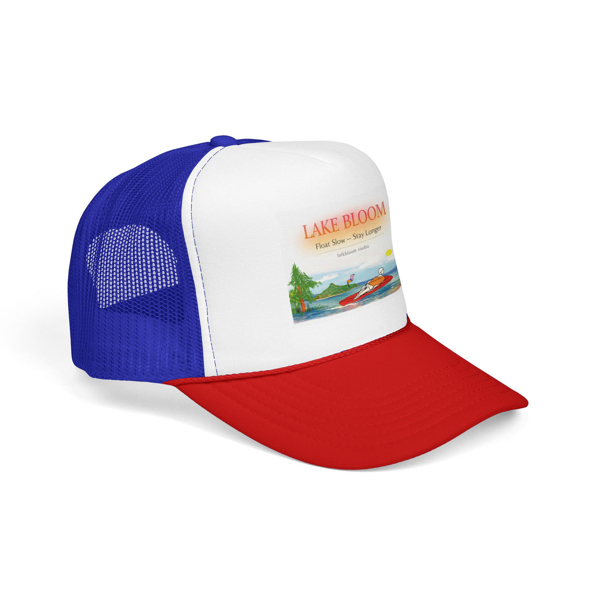 Lake Bloom Trucker Hat – Retro Lake Scene Foam Cap (Boat & Sunset)