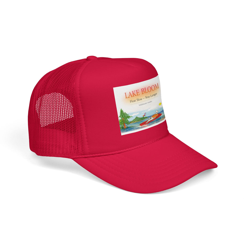 Lake Bloom Trucker Hat – Retro Lake Scene Foam Cap (Boat & Sunset)