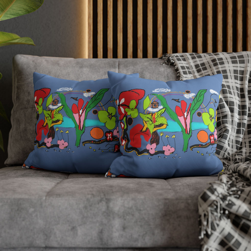 Botanical Bloom Decorative Pillowcase — Blue Floral Canvas Square Pillow