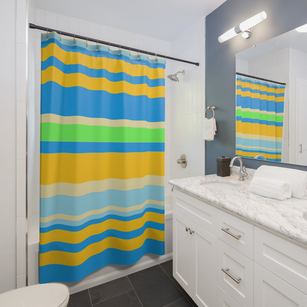 Striped Coastal Shower Curtain — Blue, Yellow & Green Beach Vibe