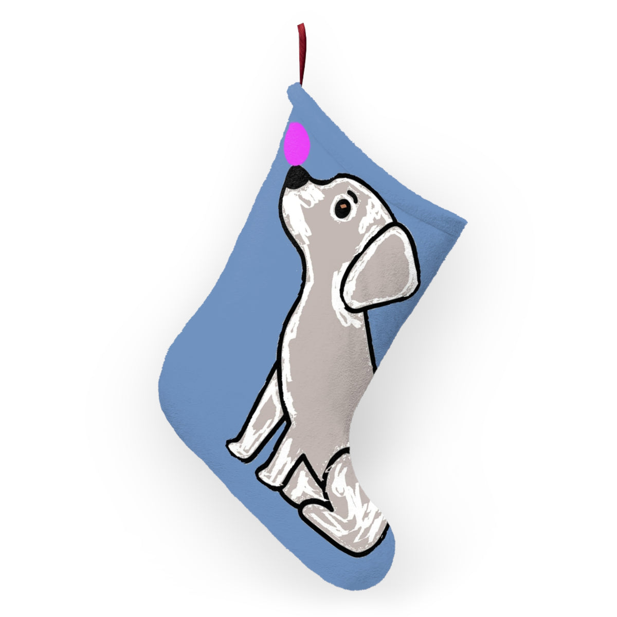 Gray Dog Illustration Christmas Stocking | Blue Holiday Stocking with Puppy