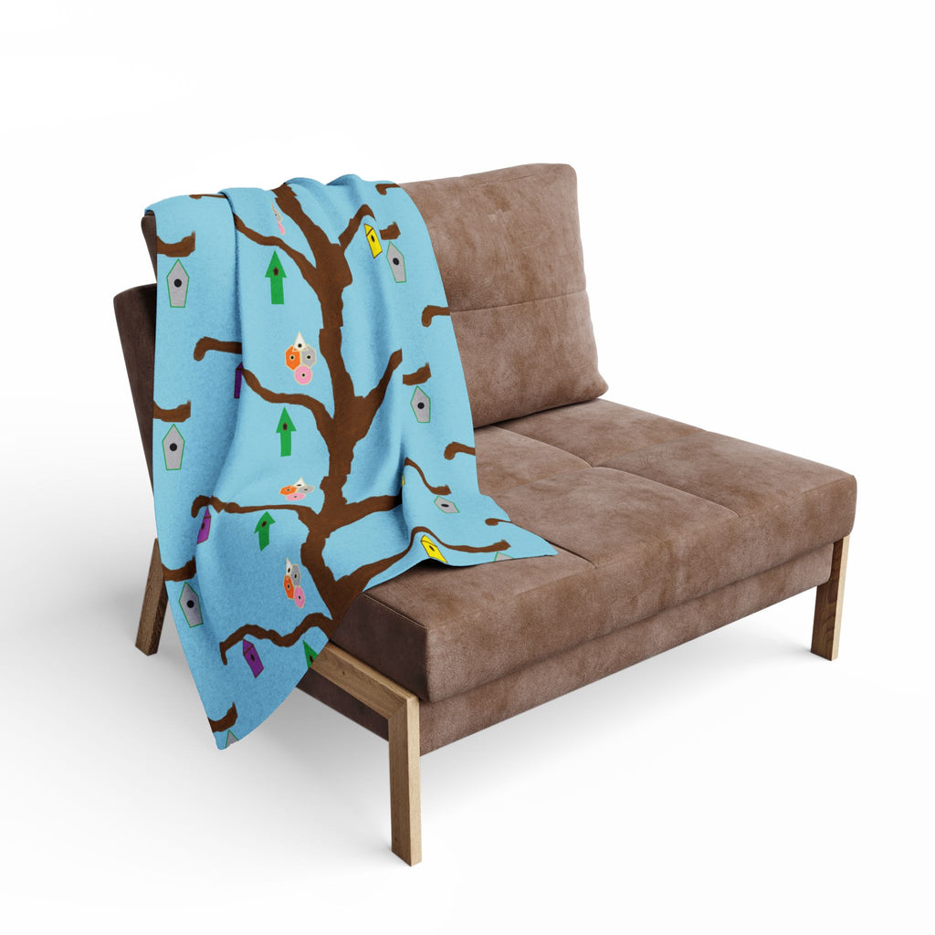 Blue Birdhouse Fleece Blanket — Playful Tree & Birds Cozy Throw