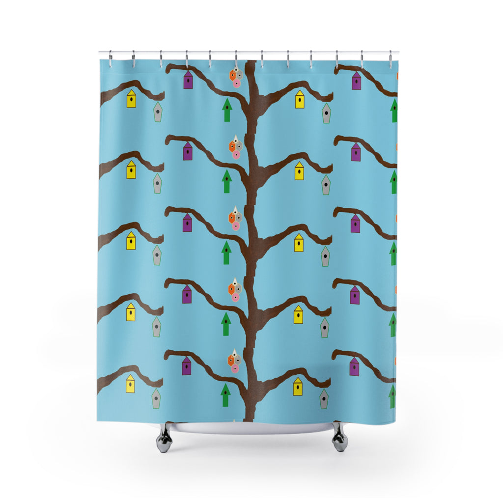 Birdhouse Tree Shower Curtain — Whimsical Blue Bathroom Decor