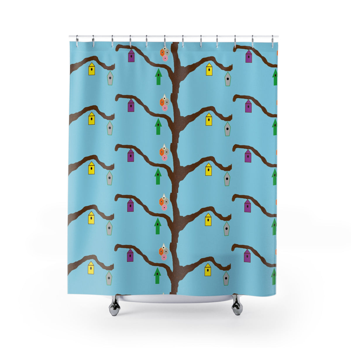 Birdhouse Tree Shower Curtain — Whimsical Blue Bathroom Decor