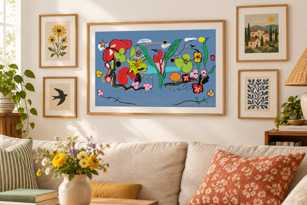 Folk Bloom Garden print in a natural wood frame on a gallery wall