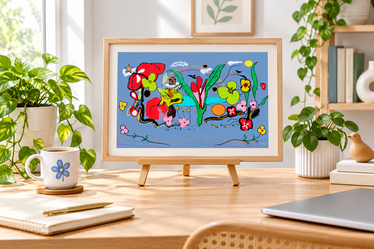 Folk Bloom Garden print on a desk easel in a bright home office