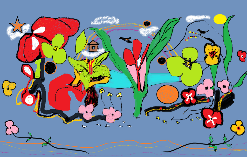 Folk Bloom Garden digital art print — colorful folk-art botanical garden scene